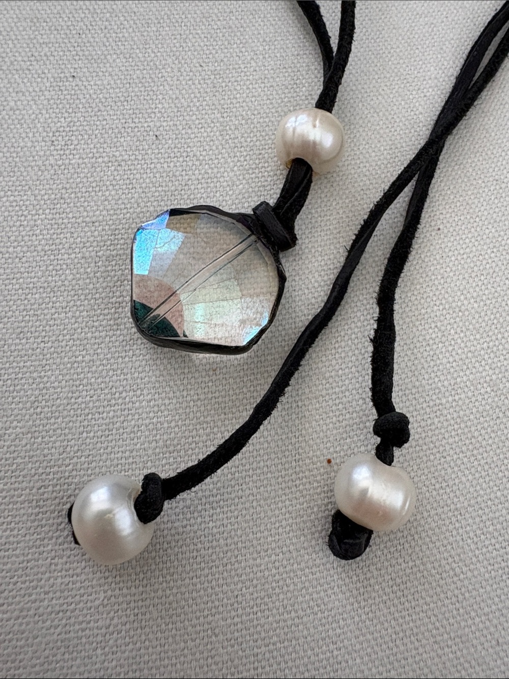 Iridescent Crystal Pendant Necklace with Pearl Accents - Black Suede Cord